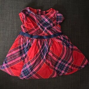 6-9M Tommy Hilfiger Girls Red Plaid Party Dress with Navy Waistband